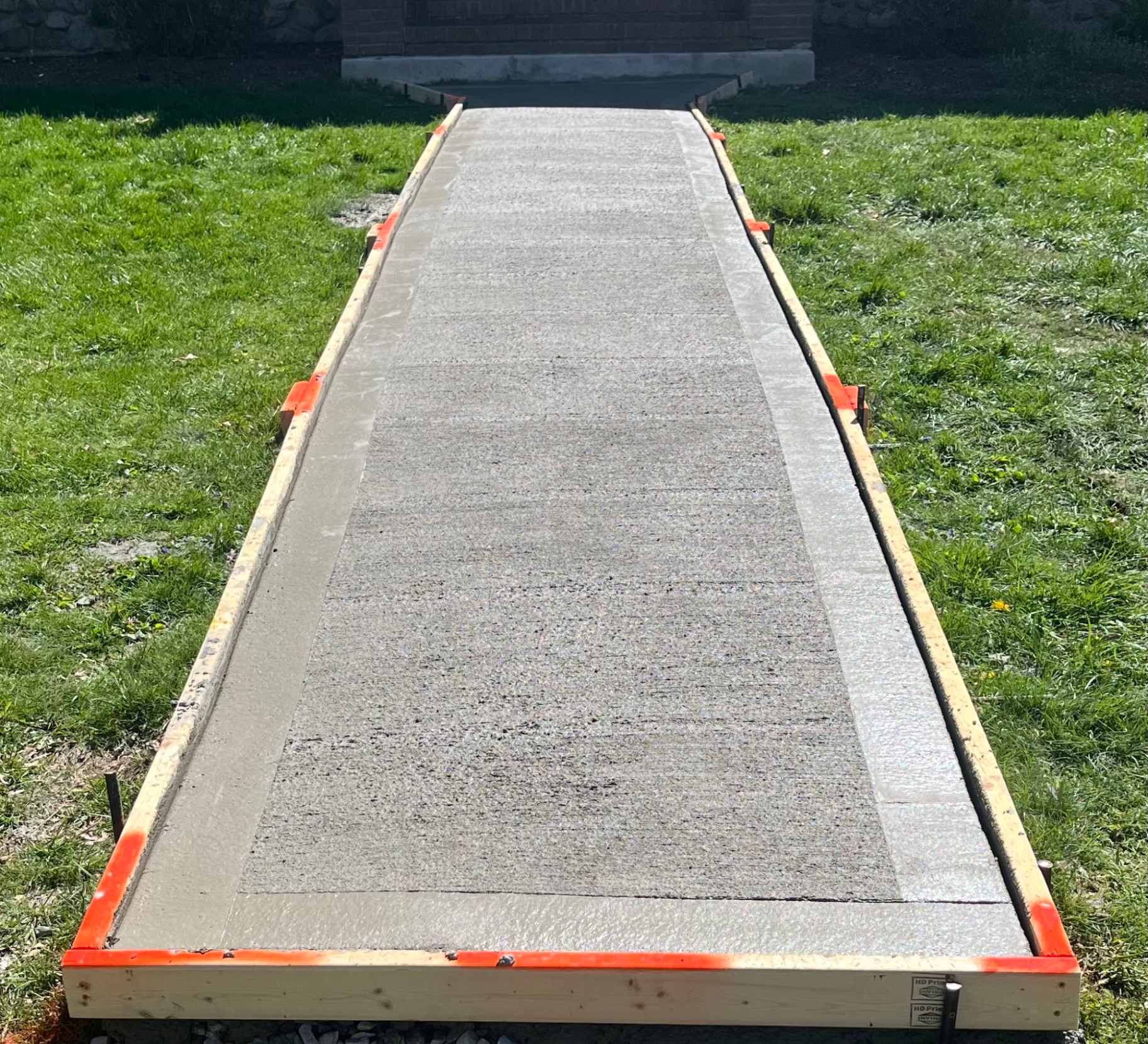 Newly poured concrete walkway still in its forms